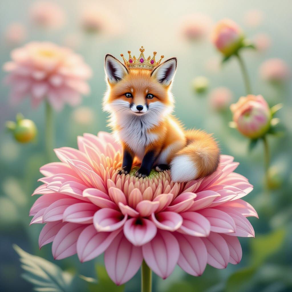 Fluffy Fox King on Dahlia in Dreamlike Garden
