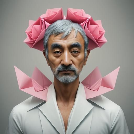 Origami Man Surrounded by Paper Flowers