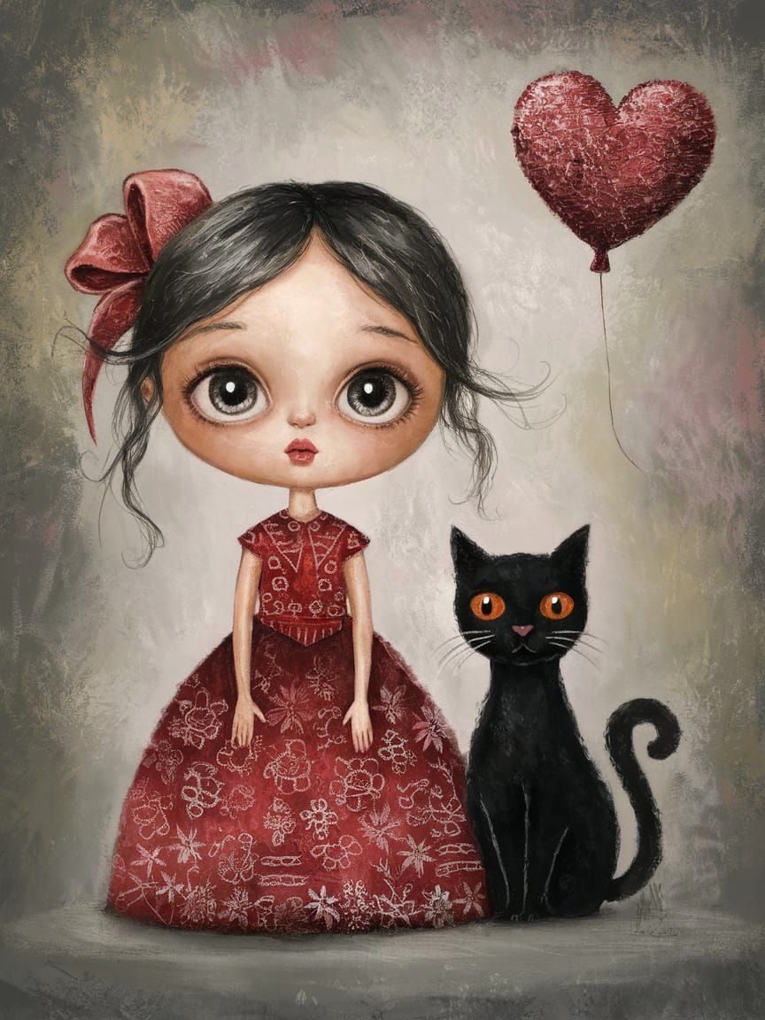 Girl, Cat and Balloon: Whimsical Painting