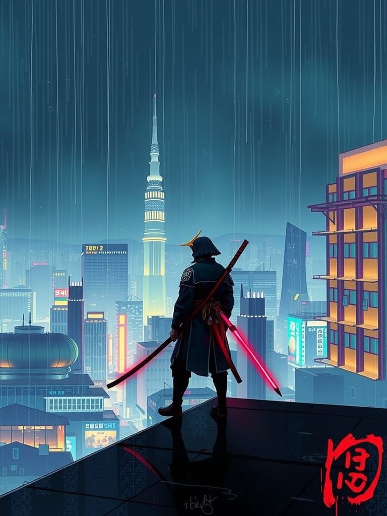 Cyberpunk Samurai in Neon City, Digital Painting