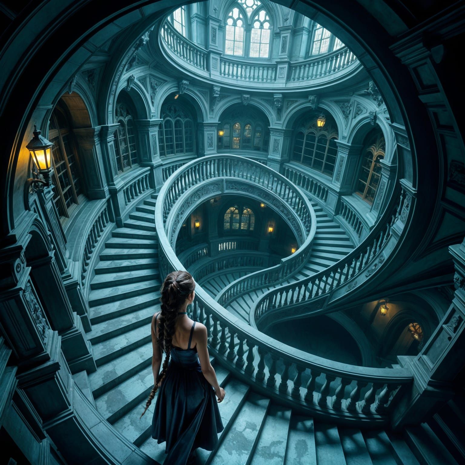 Endless Staircase: A Surreal Gothic and Futuristic Vision