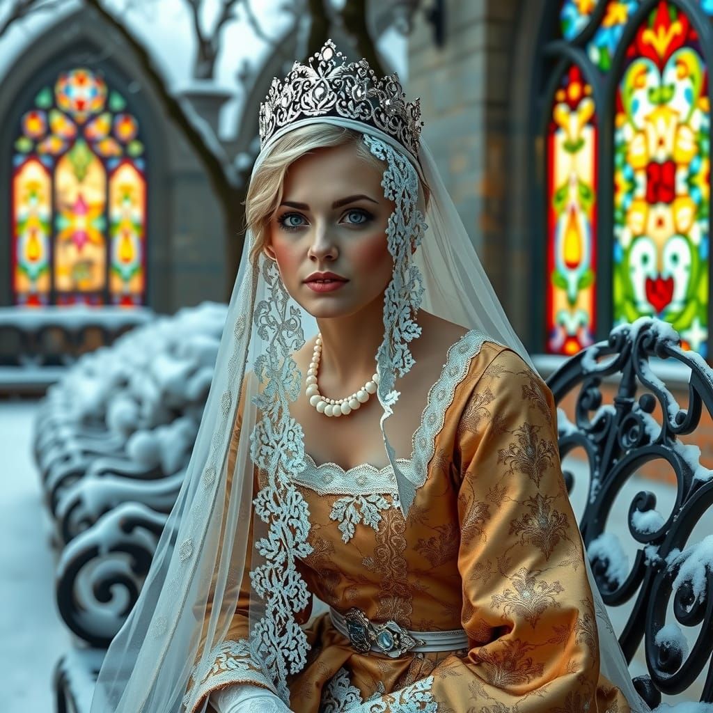 Tsarina Alexandra in Snow Garden: Art Nouveau Portrait