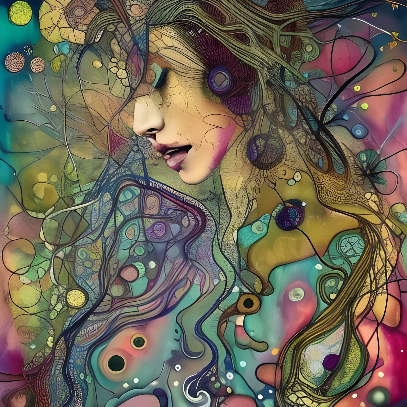 Intricate Textile Art Portrait of Woman with Flowers