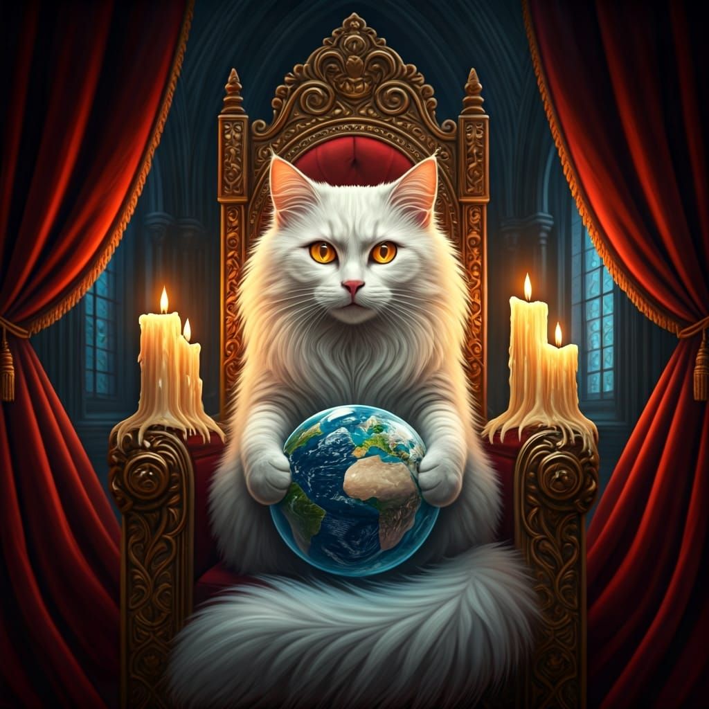 Majestic Cat on Gothic Throne with Crystal Orb
