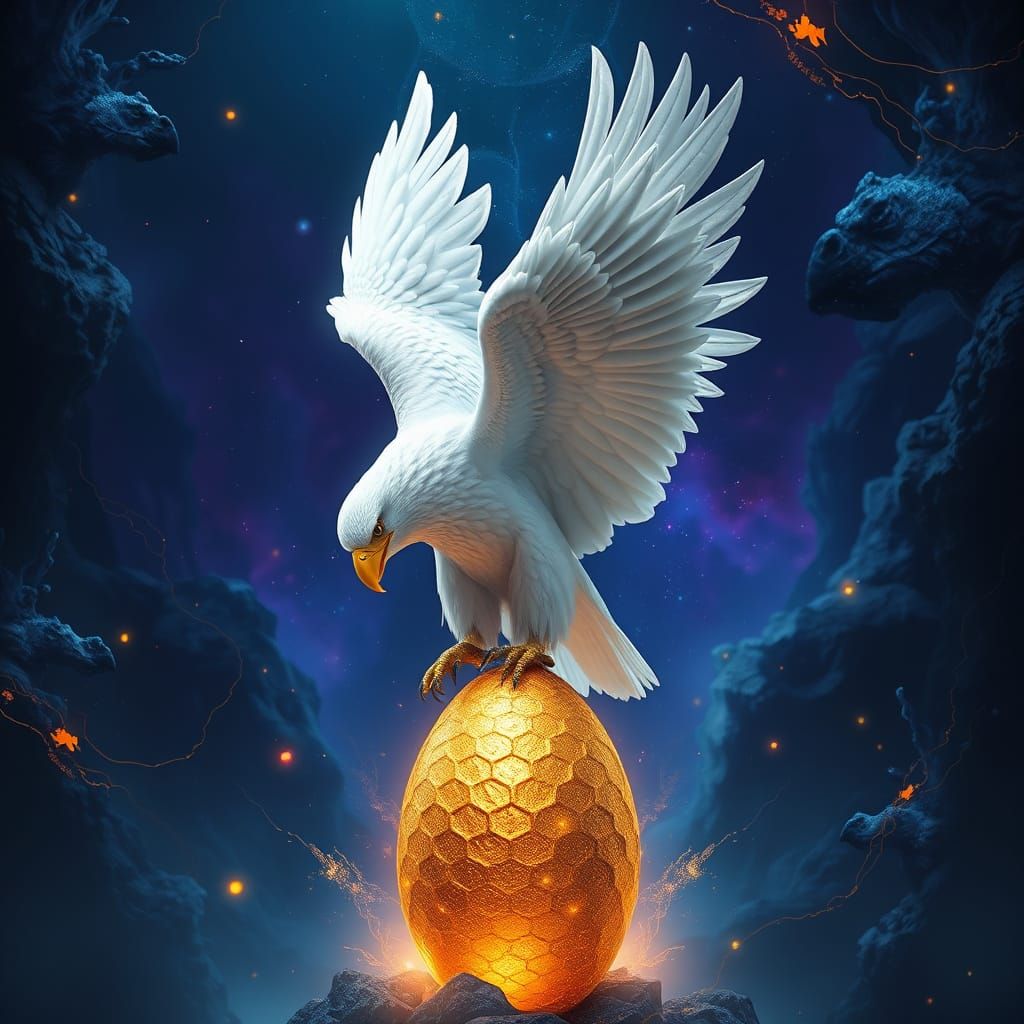 Majestic White Eagle in Golden Aura, Fantastical Realm