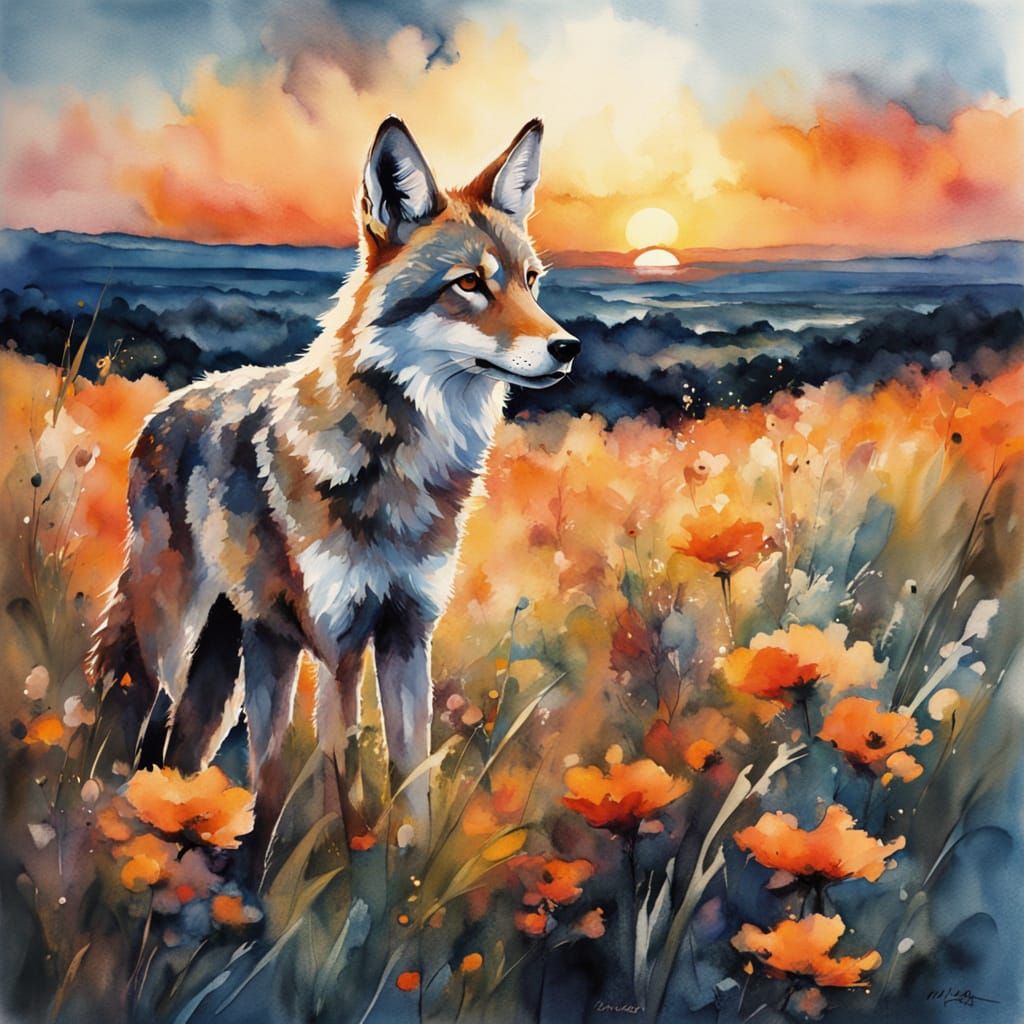Coyote Silhouette at Golden Hour in Watercolor Style