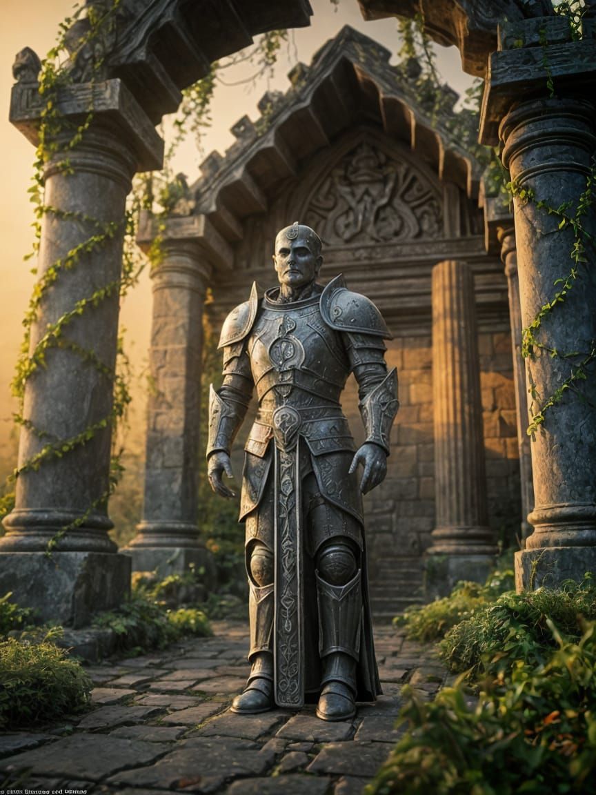 Stone Knight of Spades Guards Ruined Temple at Sunset