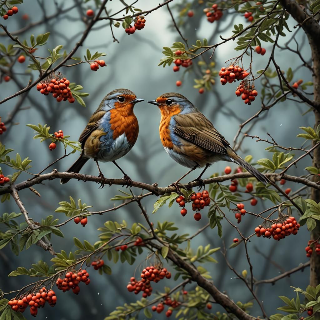 Detailed Robin on Rowan Branch: Digital Matte Painting