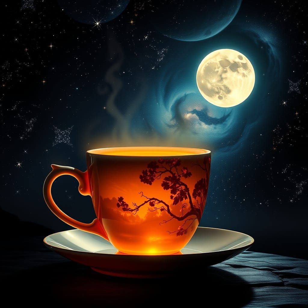 Ethereal Coffee Cup & Moon Double Exposure in Cosmic Sky