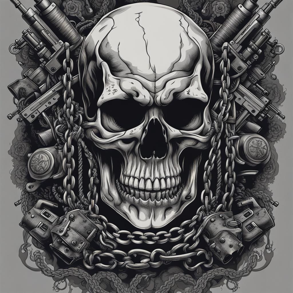Skull with Chains and Guns: Vector Line Art