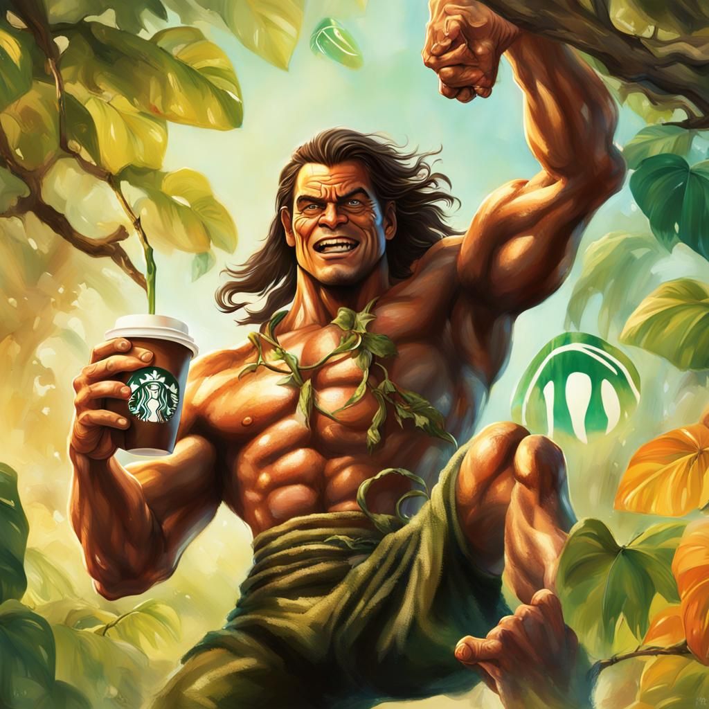 Tarzan Swings with Coffee: Hyperrealistic Concept Art