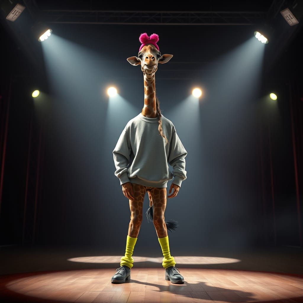 Awkward Giraffe on Stage in Cinematic Digital Art