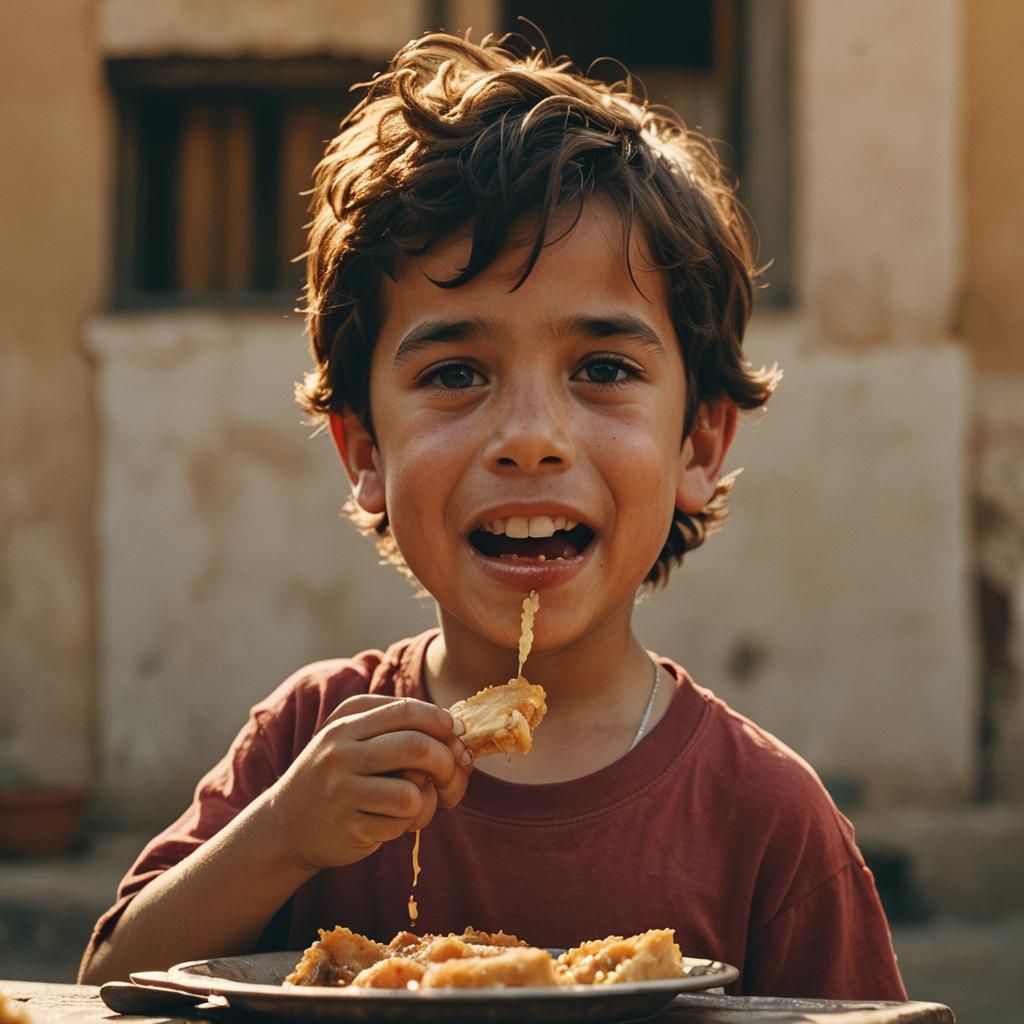 Boy Eating Pan Relleno: Cinematic Film Still