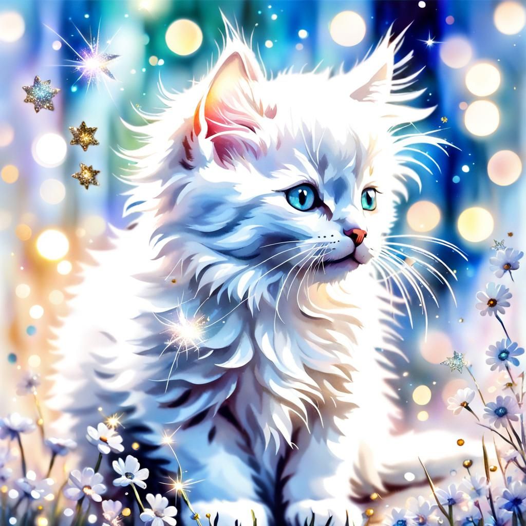 Watercolor Kitten Surrounded by Daisies and Sparkles
