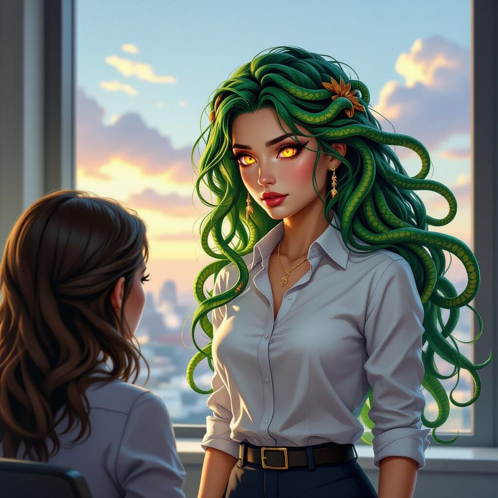 Fantasy Medusa in Office: Hyperrealistic Poster Art
