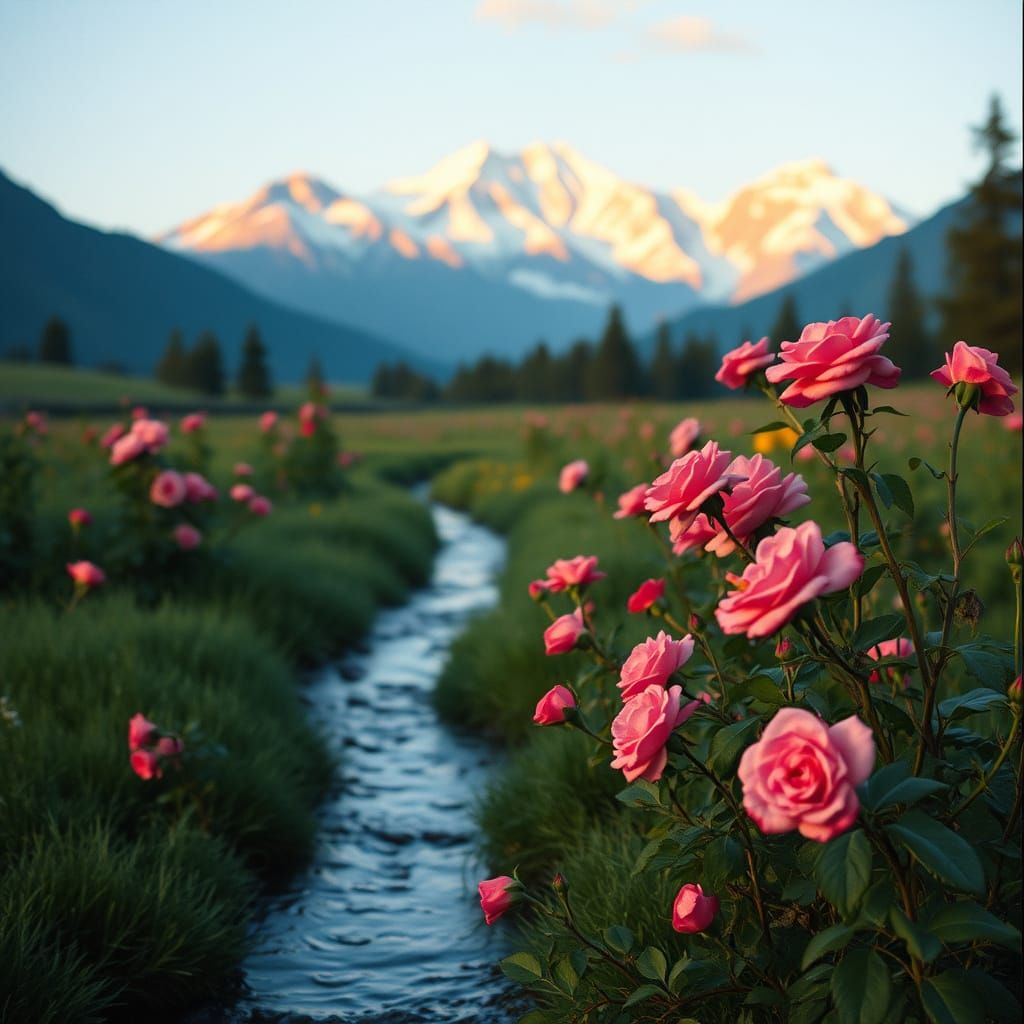 Serenely Gently Blooming Roses Before Majestic Mountain Rang...