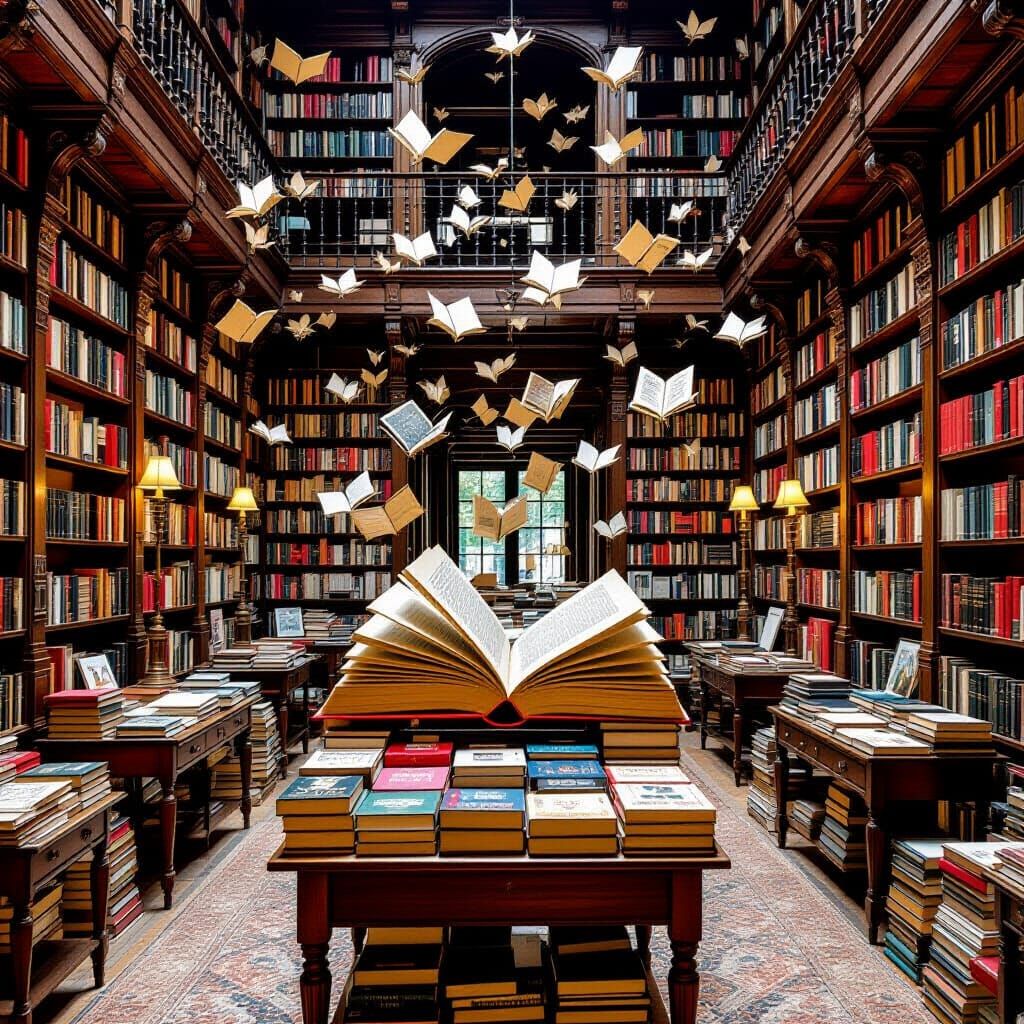 Flying Books from an Antique Bookshelf