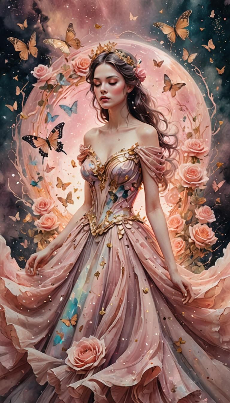 Astral Woman with Roses and Butterflies in Mixed Media