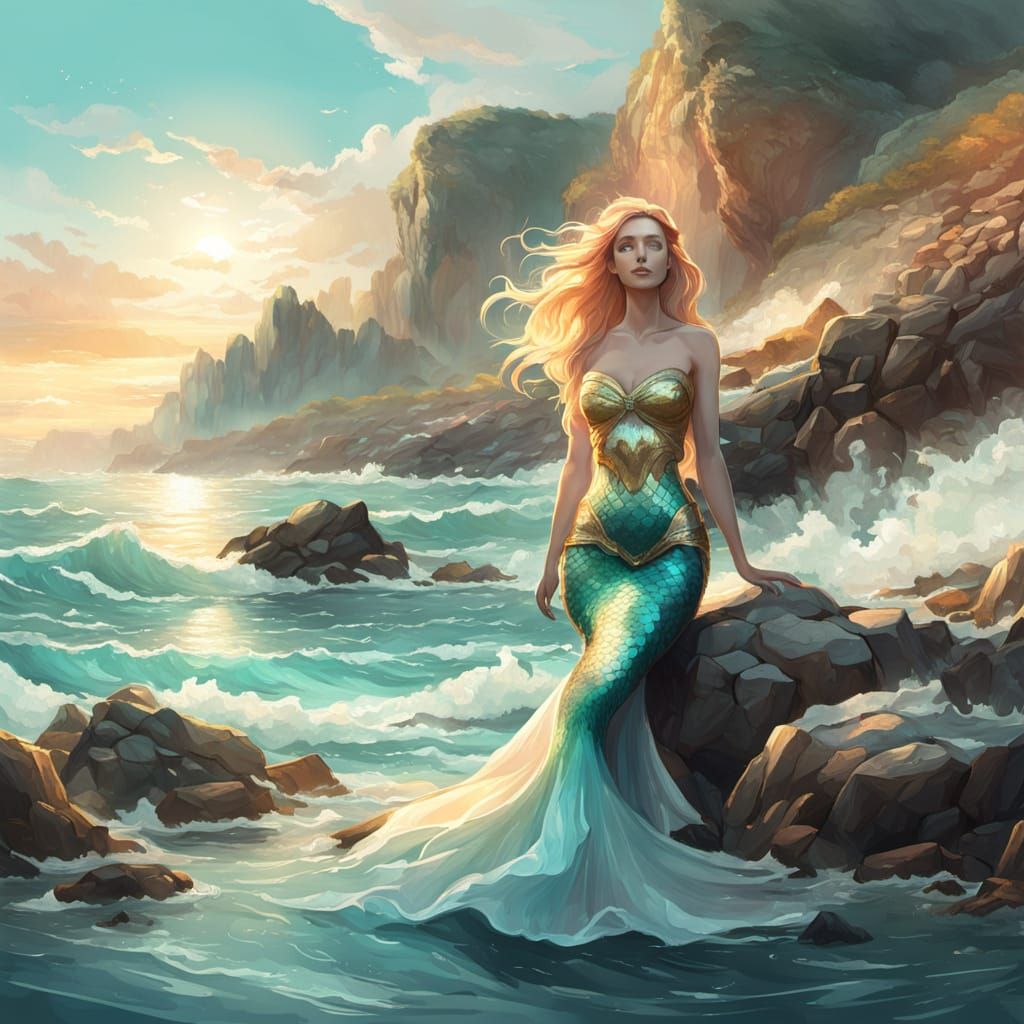 Mermaid on Rocky Coast in Dreamy Fantasy Art Style