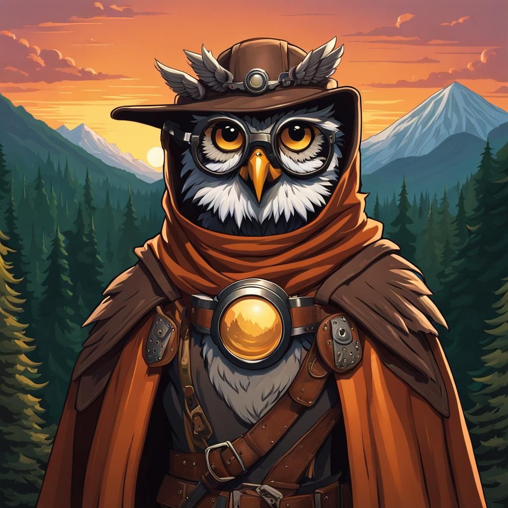 Owl-Human Druid in Mountain Forest at Sunset