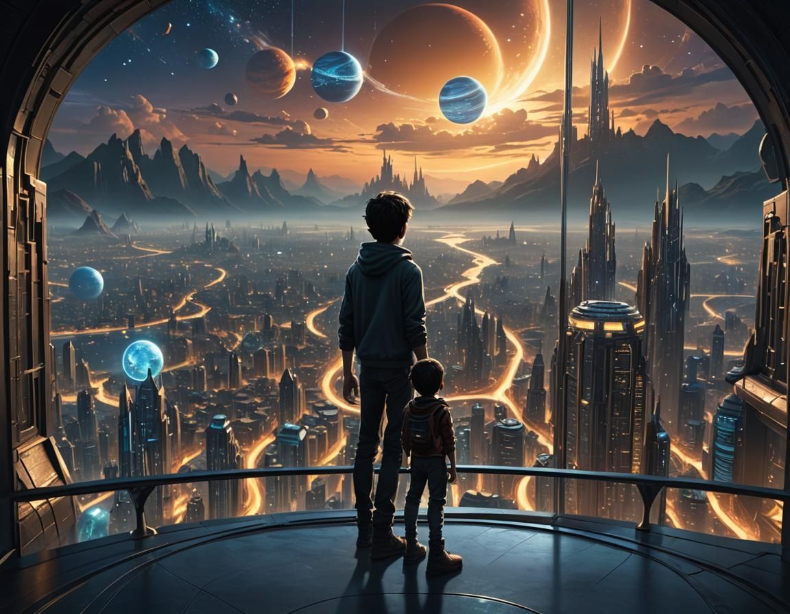 a person standing in front of a window looking at a planet, ...