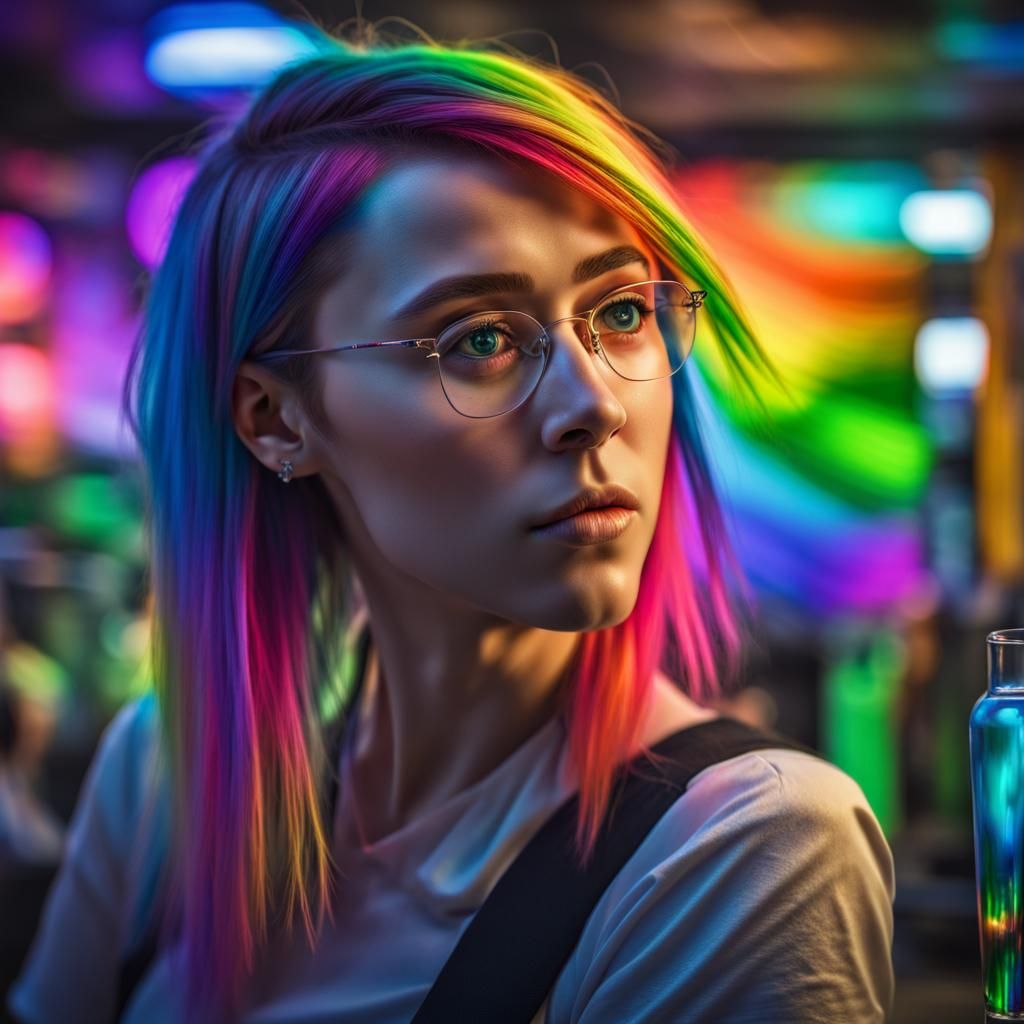 Hyperrealistic Girl with Rainbow Hair in Neon Light