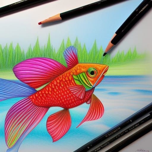 Detailed Colored Pencil Drawing of a Betta Fish