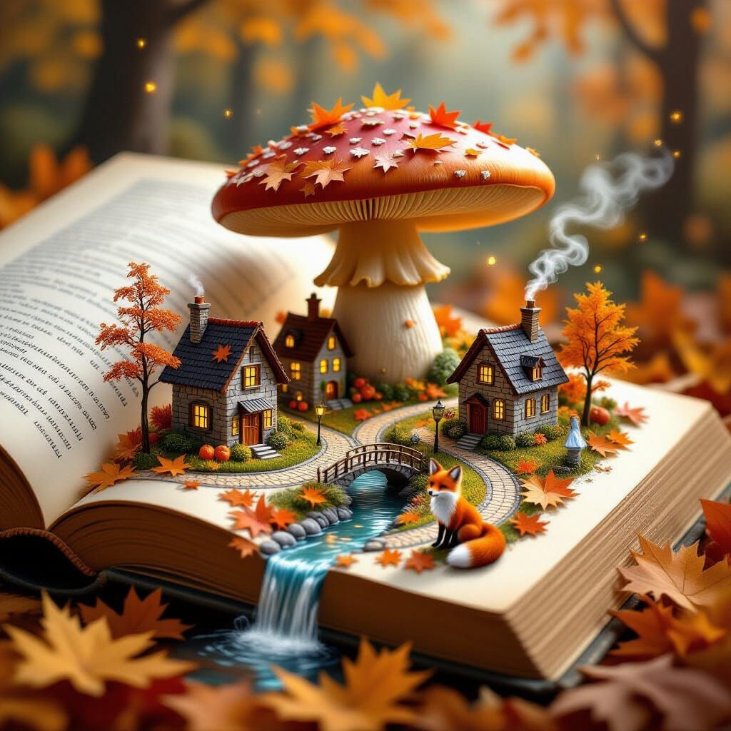 Enchanting Miniature Autumn Town Within an Open Book