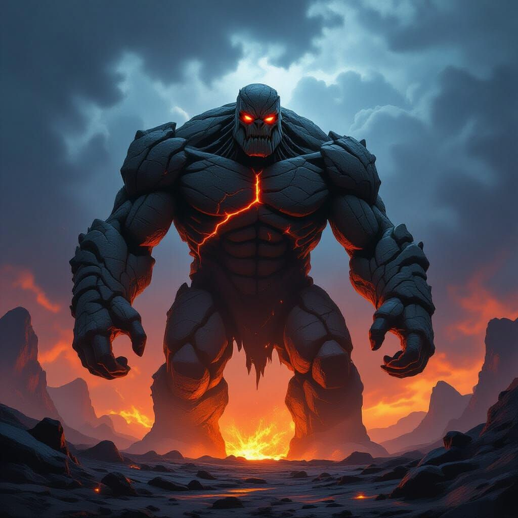 Colossal Lava Golem in Volcanic Landscape