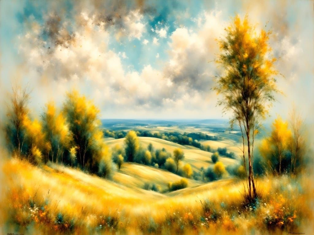 Impressionist Landscape: Rural Serenity in Warm Sunlight