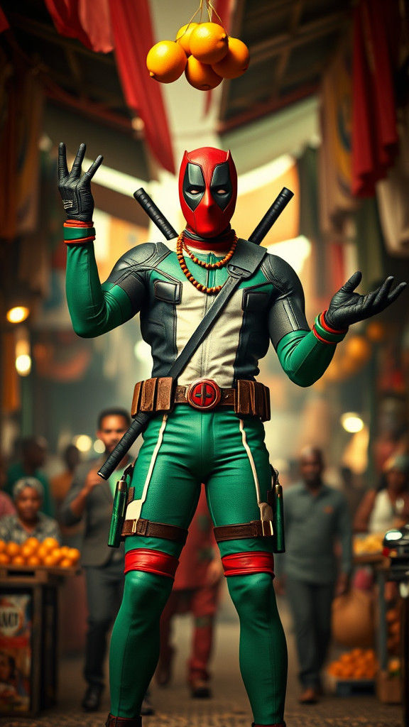 Deadpool in Nigerian Flag Suit, Cinematic Market Scene
