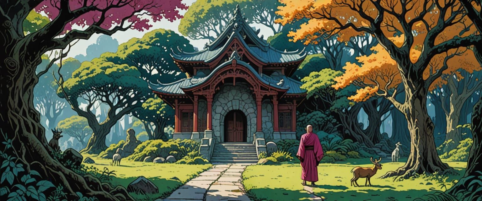 Yoda at Temple in Rainforest, Watercolor Style