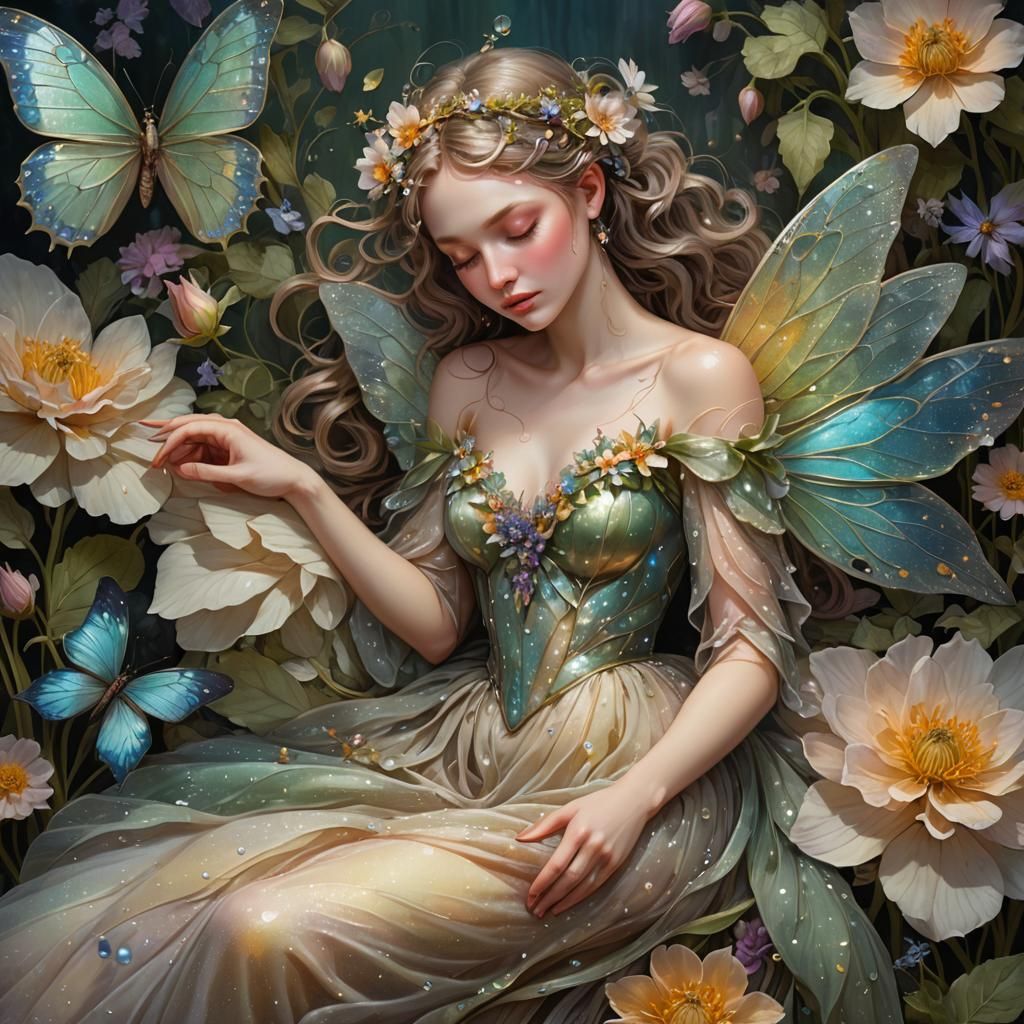 Fairy Sleeping in Flower with Dewdrop Wings