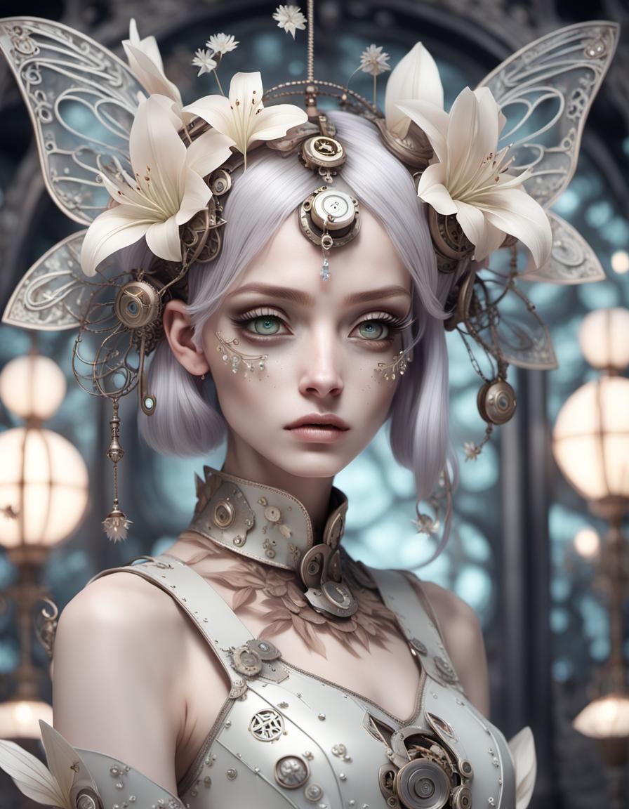 Surreal Anime Girl in Elegant Steampunk Attire