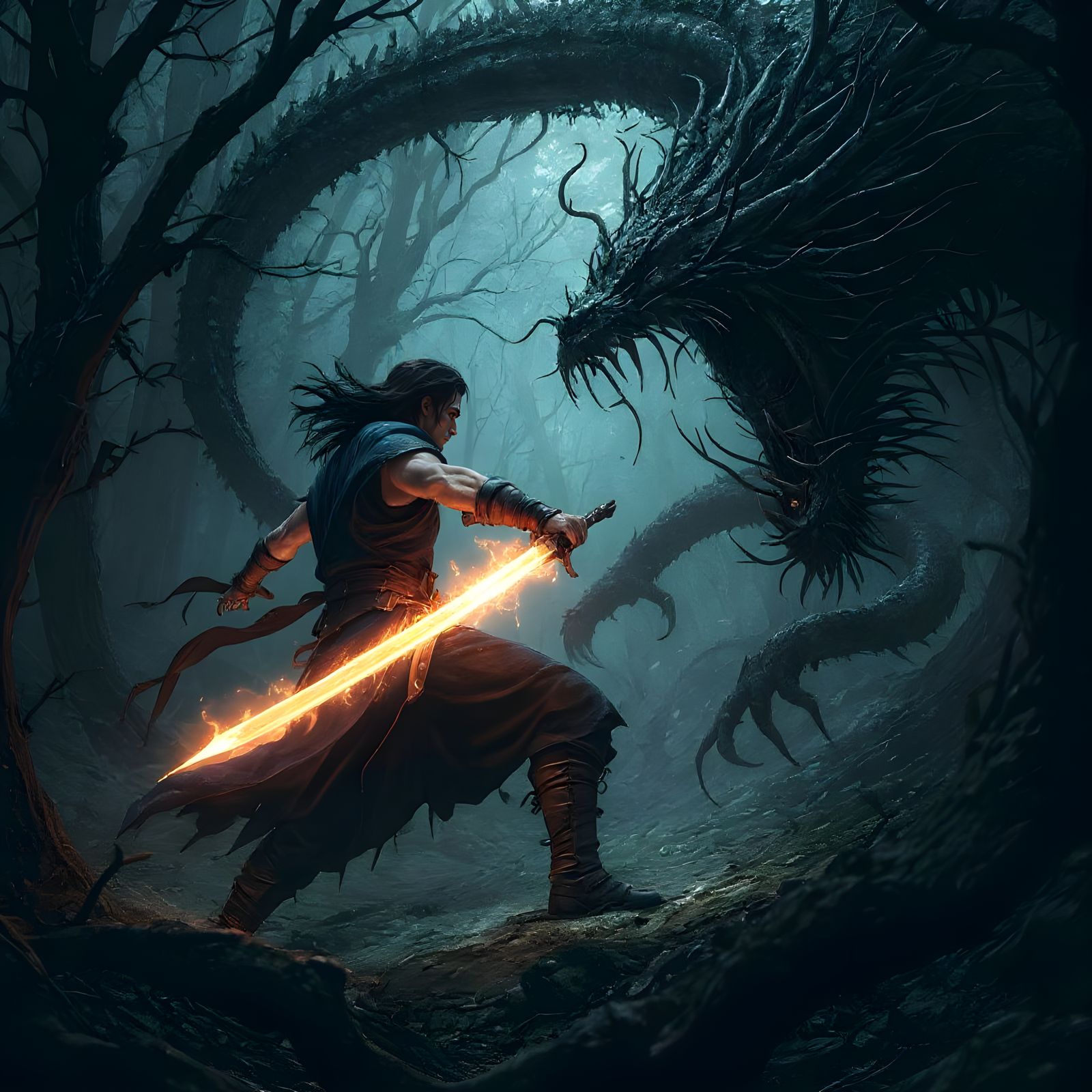 Swordsman Battles Hydra in Dark Forest