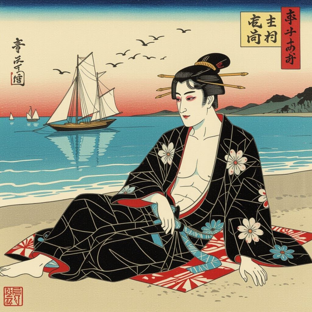 Ukiyo-e Beach Scene in Japanese Inksplash Style