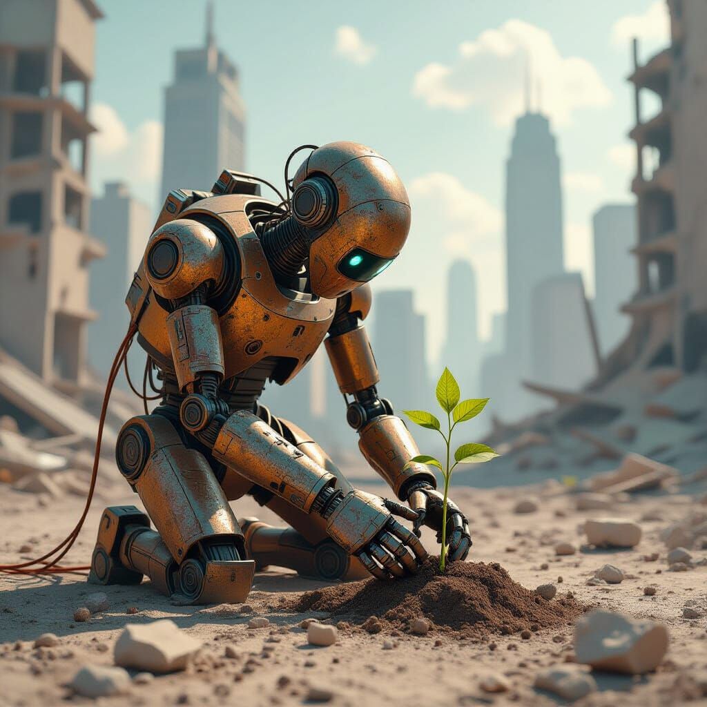 Rusty Robot Plants Sprout in Dystopian City