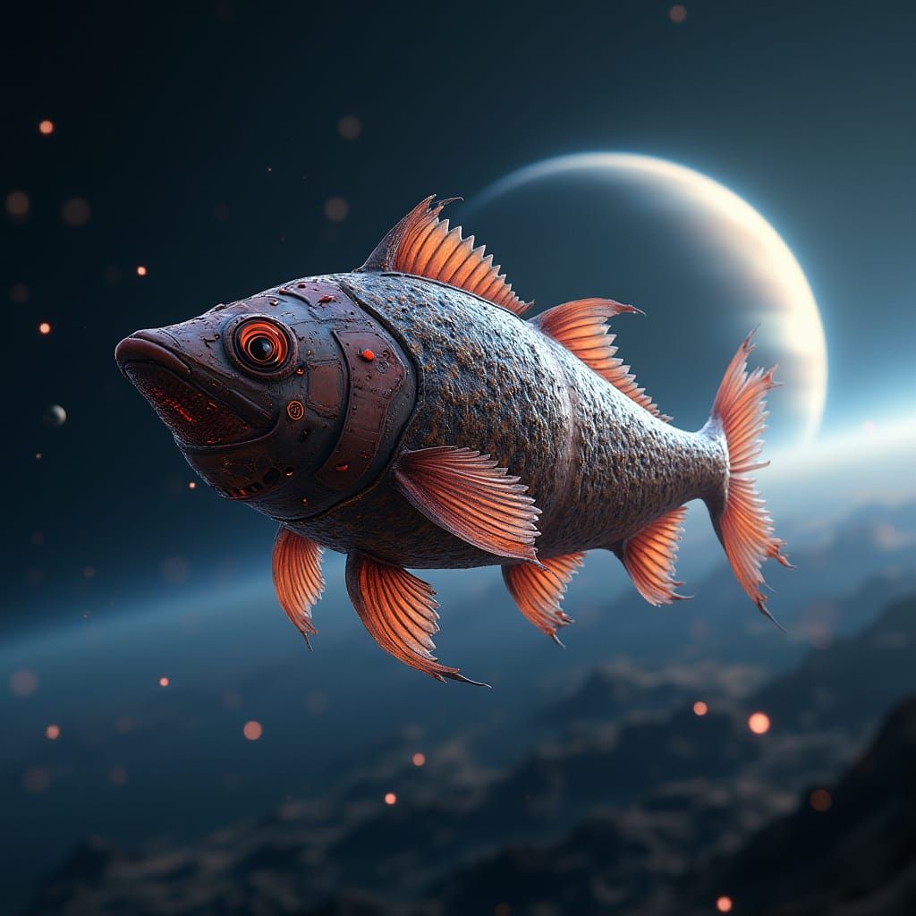 Cosmic Steampunk Fish Past Ringed Planet