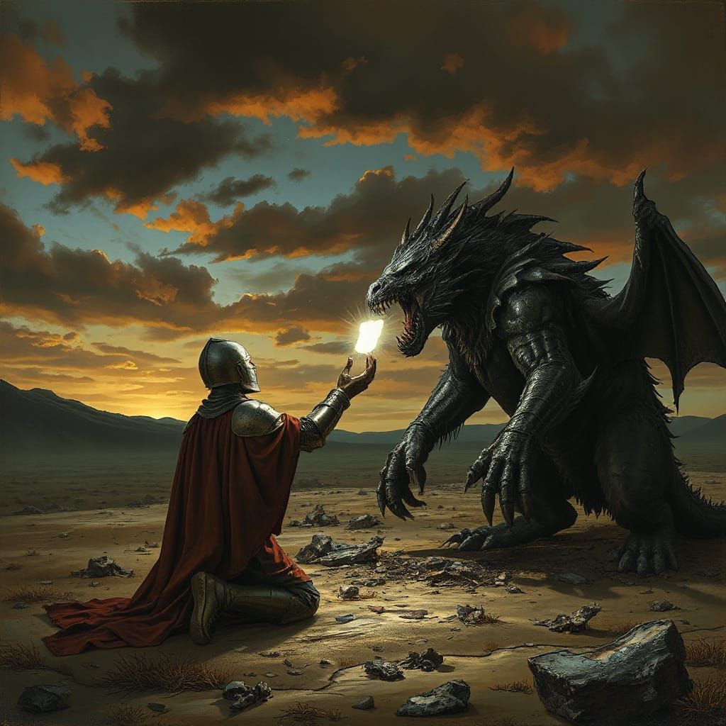 Knight Offers Light to Humbled Shadow Beast in Dark Fantasy