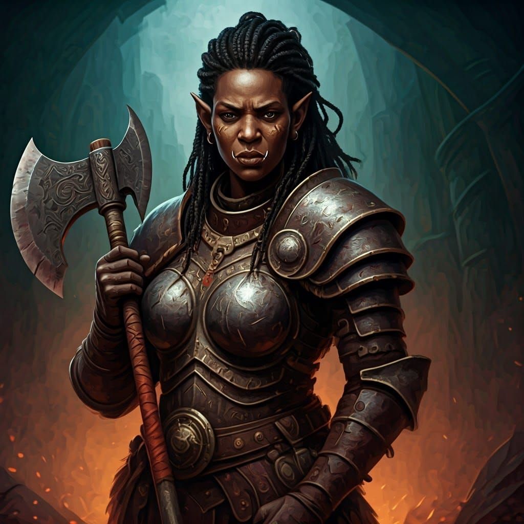 Heroic Half-Orc Warrior in Fantasy Landscape