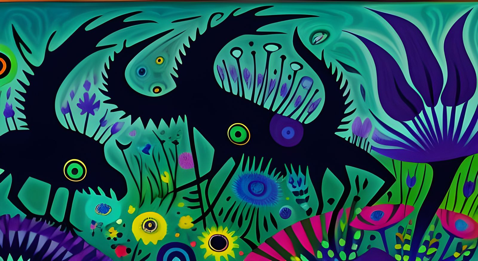 Dark Meadow With Strange Creatures in Kaleidoscope Style