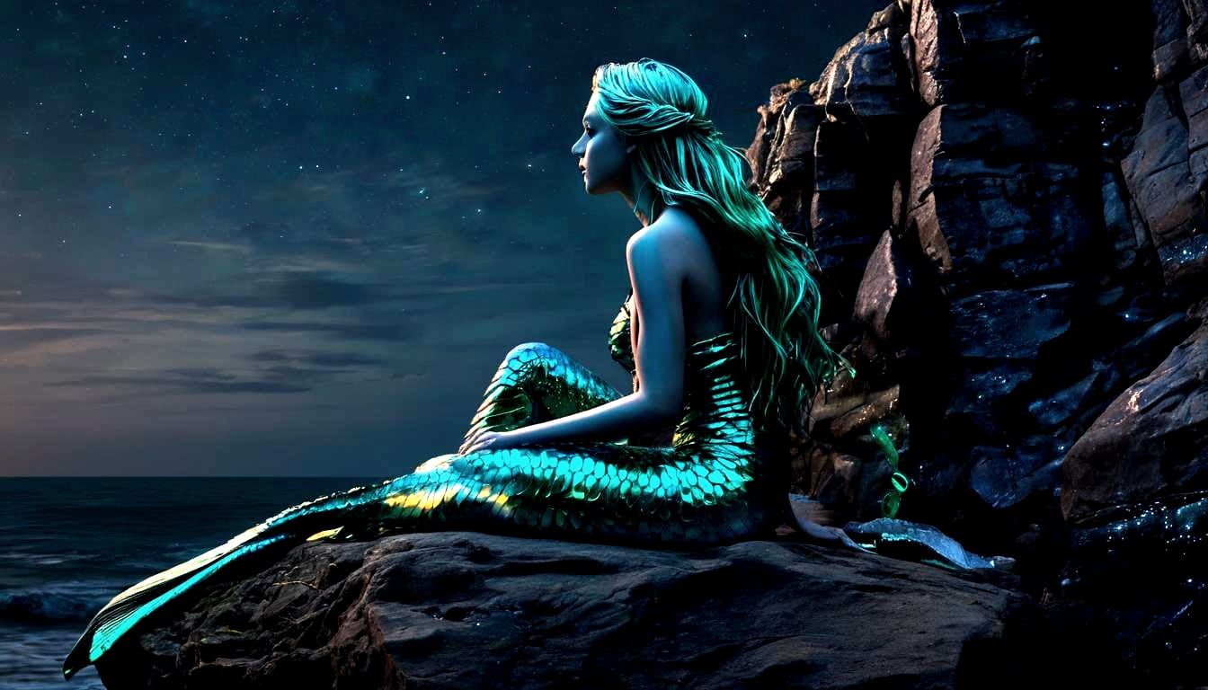 Cyber Mermaid Contemplates the Sea, in Graffiti Art Style