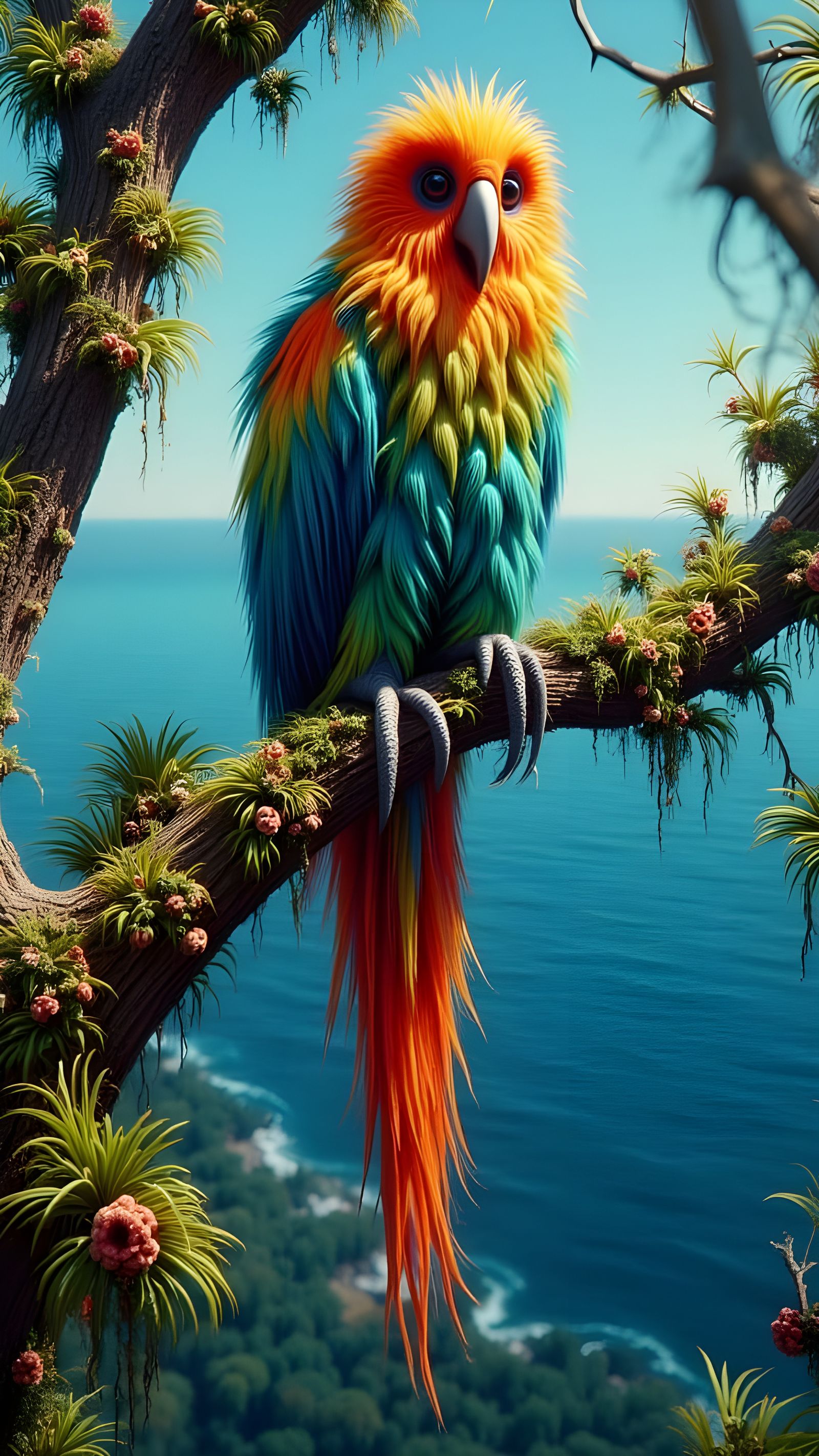 Surreal Beachside Parrot Perched in Vibrant Sunlight