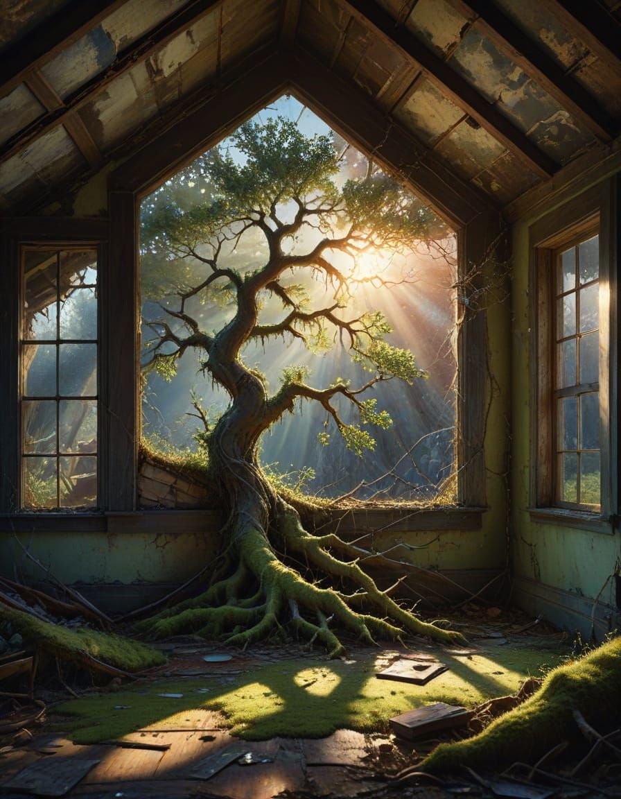 Sunlit Oak Sapling in Abandoned Attic: Watercolor Art