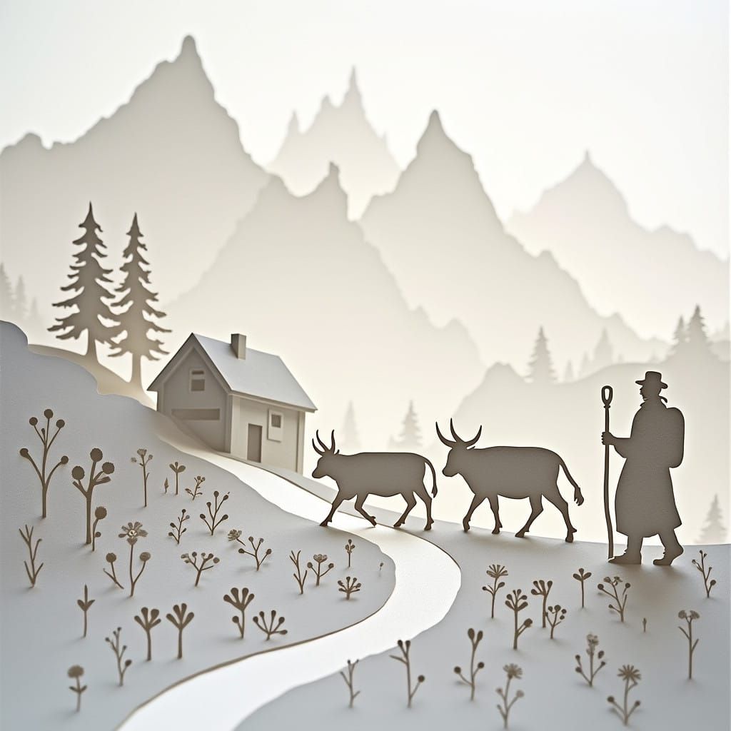 Alpine Cows in Whimsical Paper Cutting Silhouette