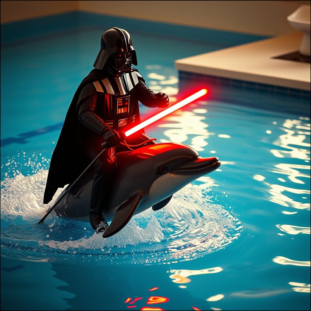 Darth Vader Rides Majestic Dolphins in Miniature Pool