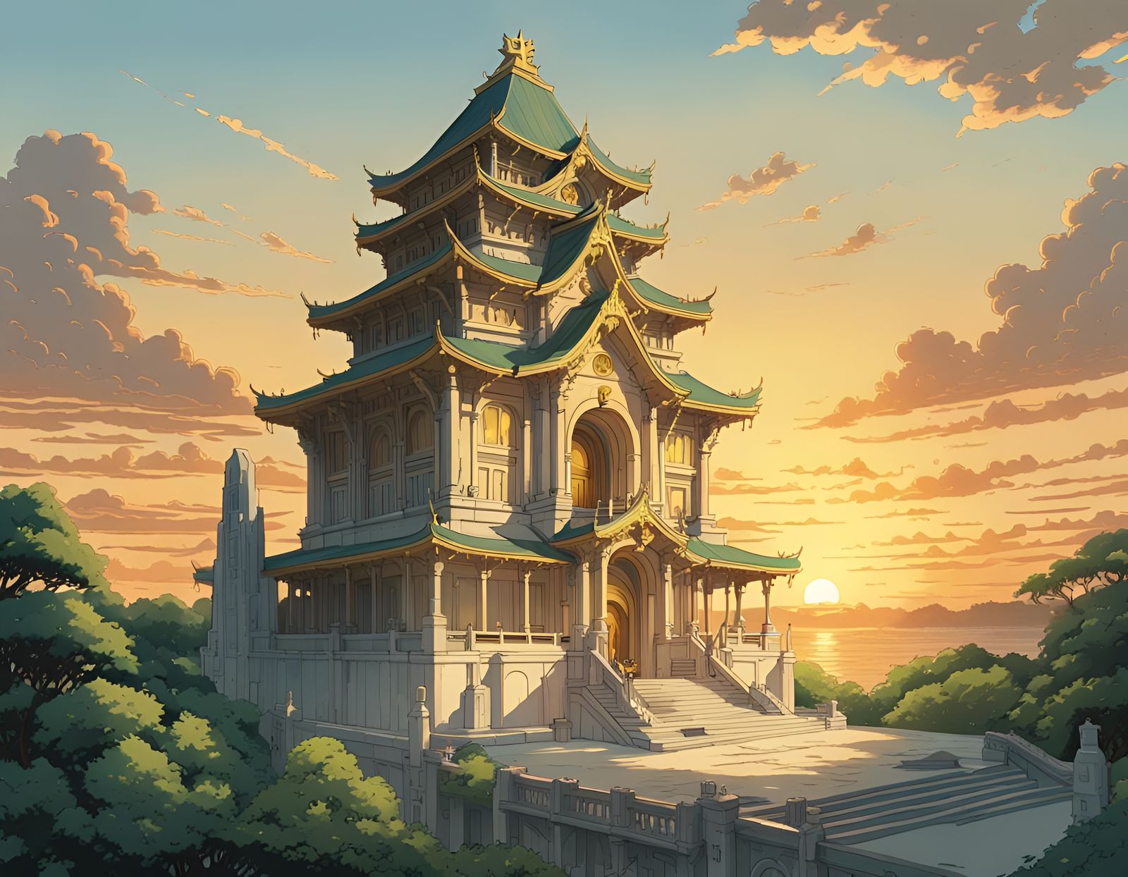 Ancient Marble Temple at Sunset in Anime Style