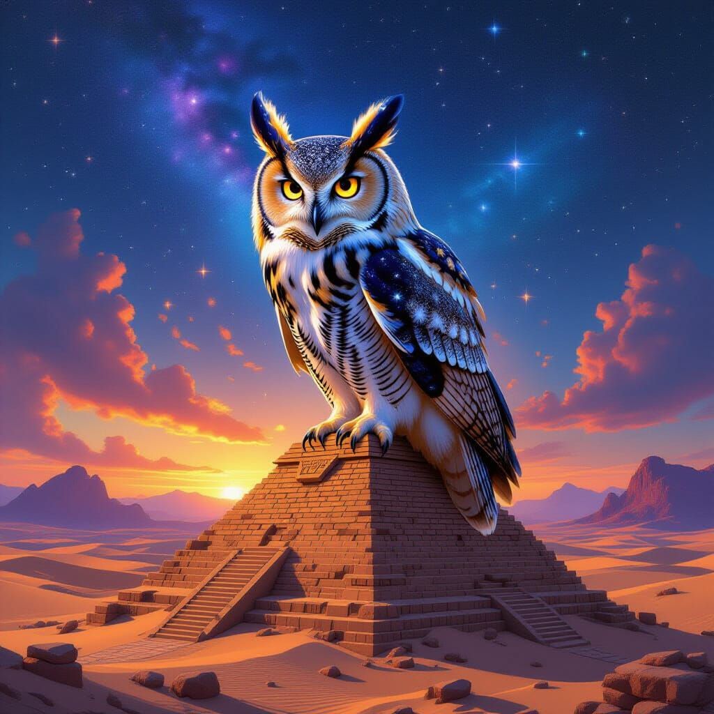 Stardust Owl Perched on Ancient Pyramid