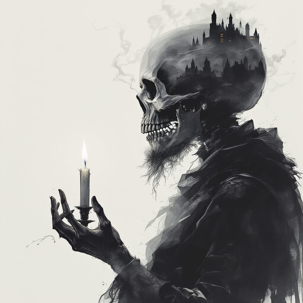 Dark Fantasy Double Exposure: Skull, Candle, and Castle