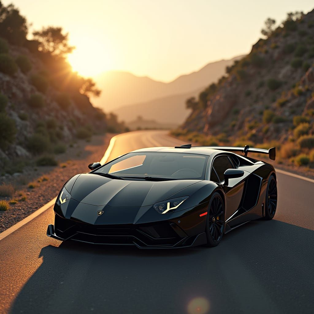 Sleek Black Lamborghini Aventador on Mountain Road
